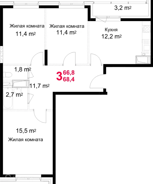 Планировка 3 комн. в ЖК "Красная Горка"