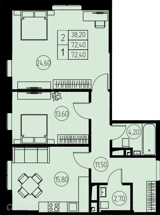 Планировка 2 комн. в ЖК "31 Квартал"