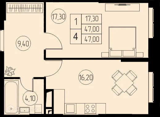 Планировка 1 комн. в ЖК "31 Квартал"
