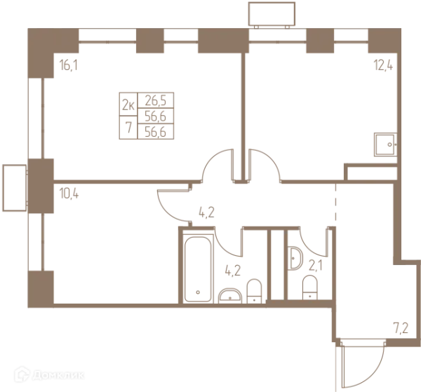 Планировка 2 комн. в ЖК Фабрикант