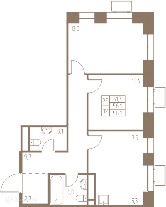 Планировка 3 комн. в ЖК Фабрикант