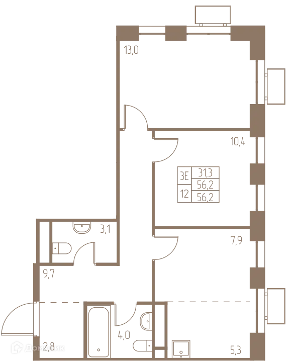 Планировка 3 комн. в ЖК Фабрикант