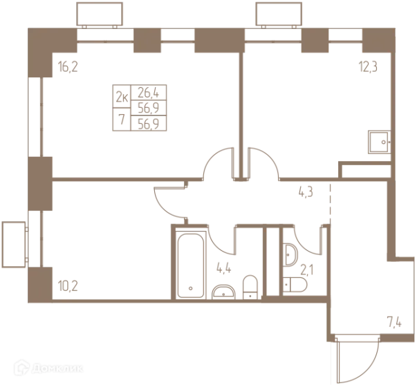 Планировка 2 комн. в ЖК Фабрикант