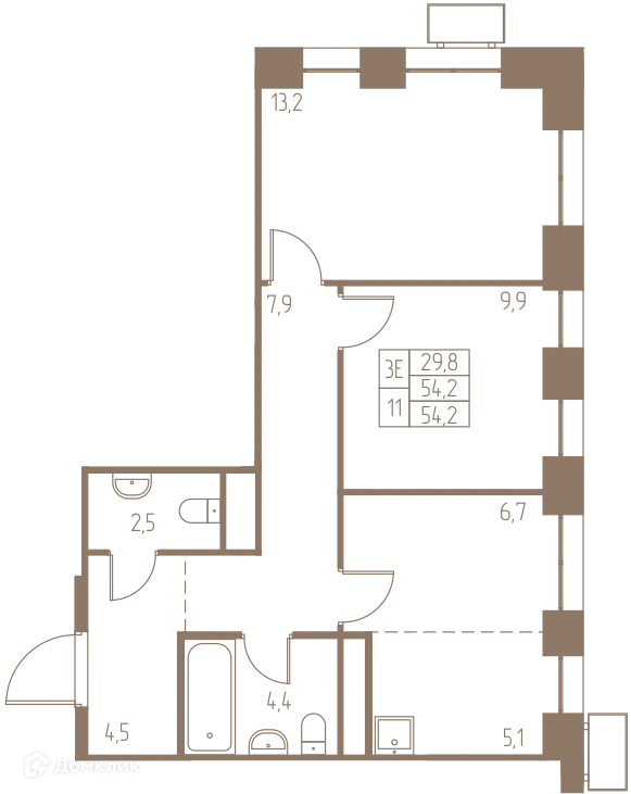 Планировка 3 комн. в ЖК Фабрикант