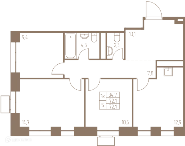 Планировка 3 комн. в ЖК Фабрикант