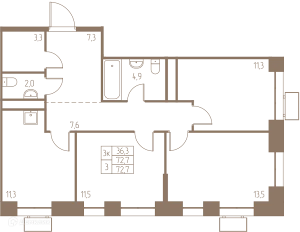 Планировка 3 комн. в ЖК Фабрикант