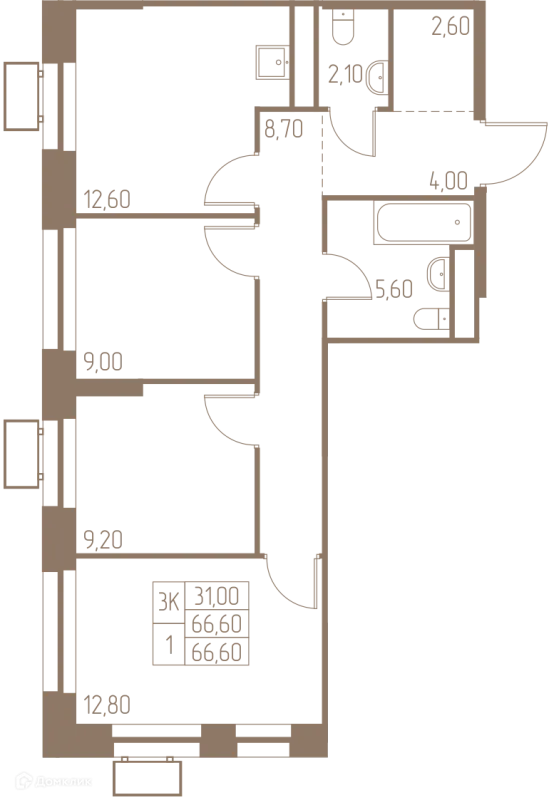 Планировка 3 комн. в ЖК Фабрикант