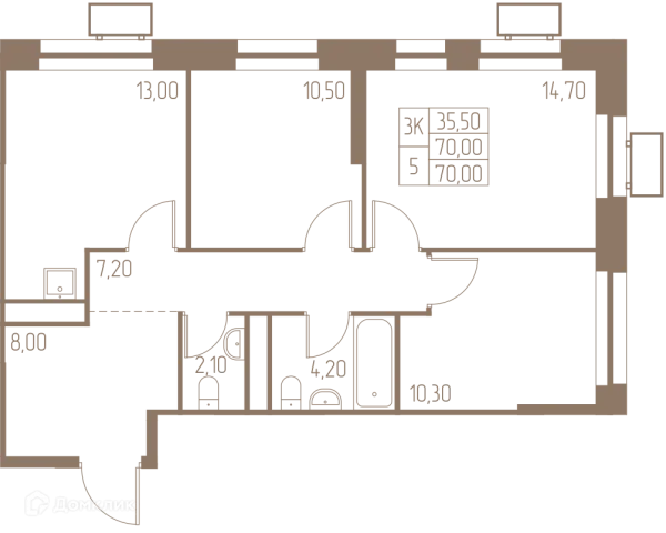 Планировка 3 комн. в ЖК Фабрикант