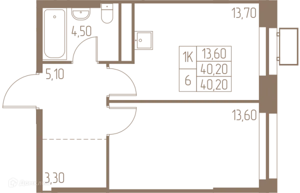 Планировка 1 комн. в ЖК Фабрикант