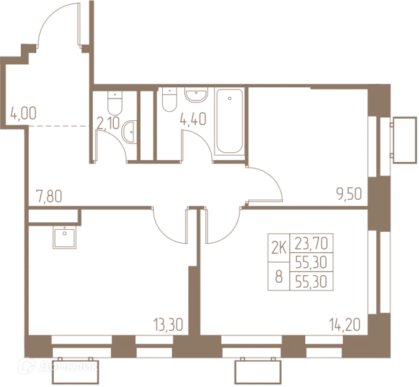 Планировка 2 комн. в ЖК Фабрикант