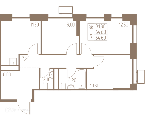 Планировка 3 комн. в ЖК Фабрикант