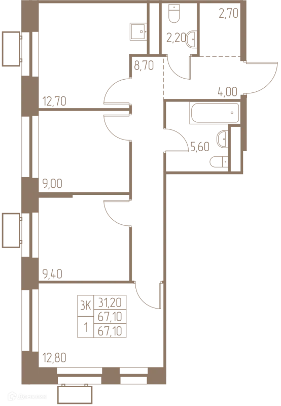 Планировка 3 комн. в ЖК Фабрикант