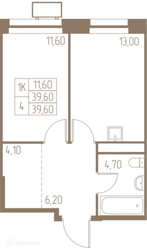 Планировка 1 комн. в ЖК Фабрикант