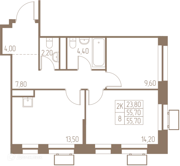 Планировка 2 комн. в ЖК Фабрикант