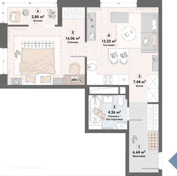 Планировка 1 комн. в ЖК Триумф