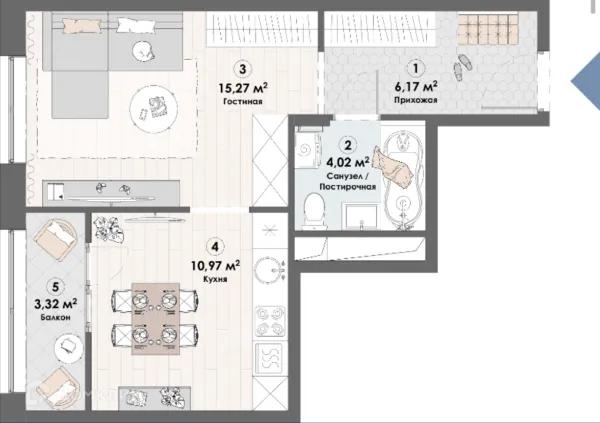 Планировка 1 комн. в ЖК Триумф