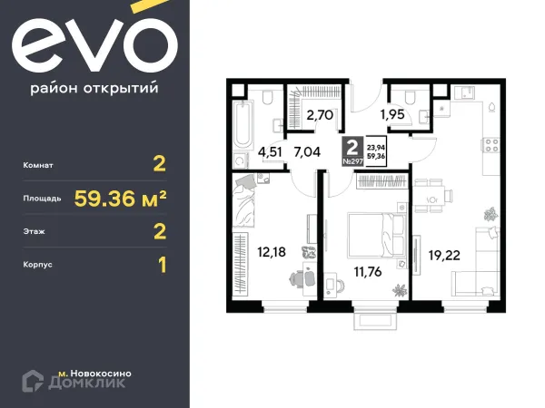 Планировка 2 комн. в ЖК EVO (Эво)