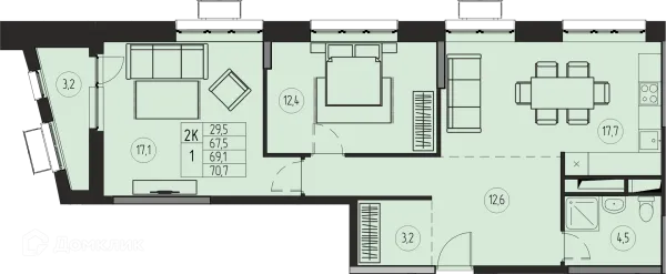 Планировка 2 комн. в ЖК ПРЕМИУМ