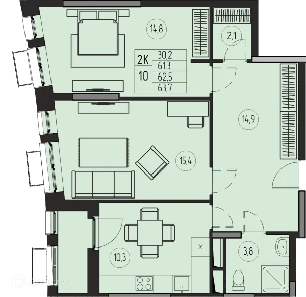 Планировка 2 комн. в ЖК ПРЕМИУМ