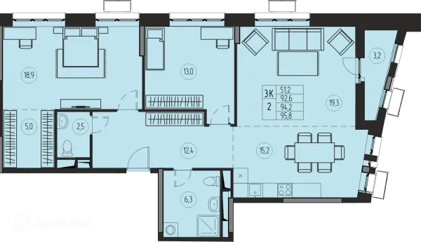 Планировка 3 комн. в ЖК ПРЕМИУМ