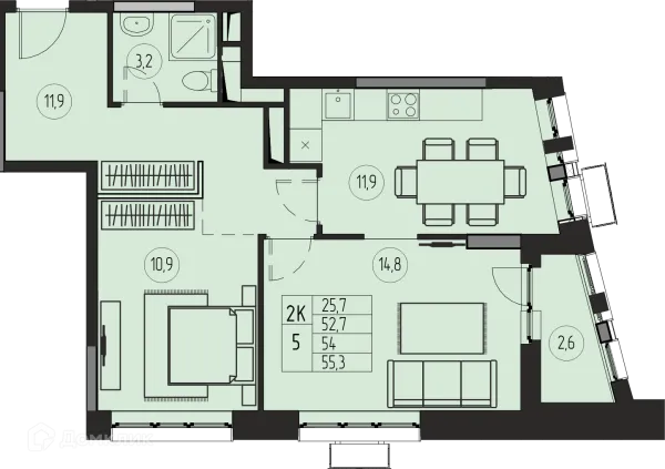 Планировка 2 комн. в ЖК ПРЕМИУМ
