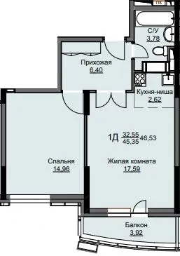 Планировка 1 комн. в ЖК "Соболевка"