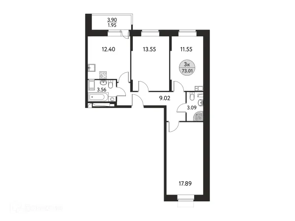 Планировка 3 комн. в ЖК Дом на Сиреневой