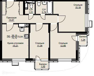 Планировка 3 комн. в ЖК "Соболевка"