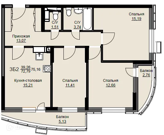 Планировка 3 комн. в ЖК "Соболевка"