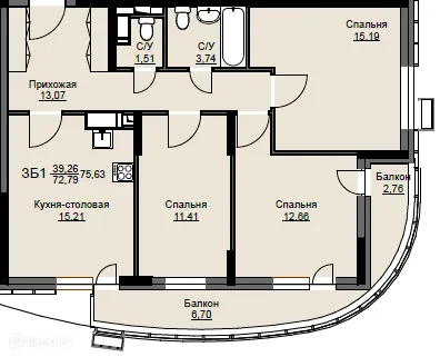 Планировка 3 комн. в ЖК "Соболевка"