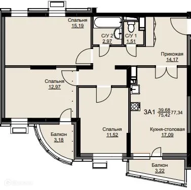 Планировка 3 комн. в ЖК "Соболевка"