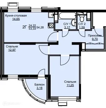 Планировка 2 комн. в ЖК "Соболевка"