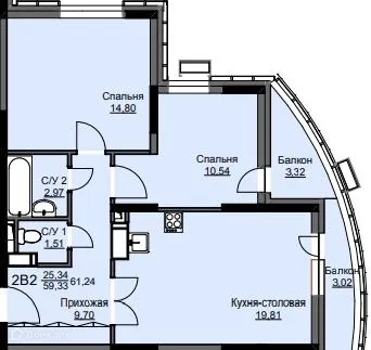 Планировка 2 комн. в ЖК "Соболевка"