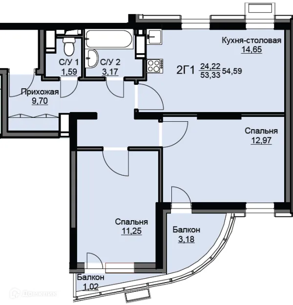 Планировка 2 комн. в ЖК "Соболевка"