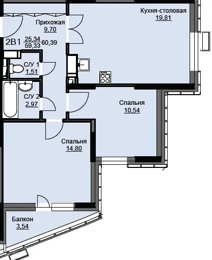 Планировка 2 комн. в ЖК "Соболевка"