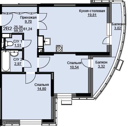 Планировка 2 комн. в ЖК "Соболевка"