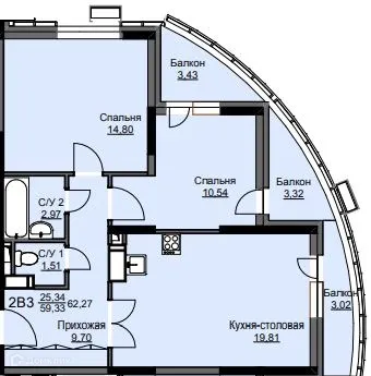 Планировка 2 комн. в ЖК "Соболевка"