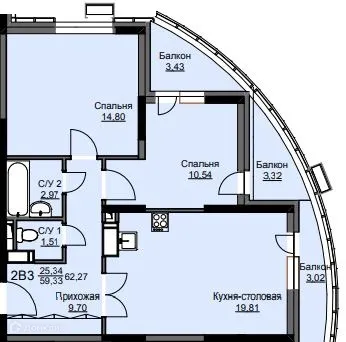 Планировка 2 комн. в ЖК "Соболевка"