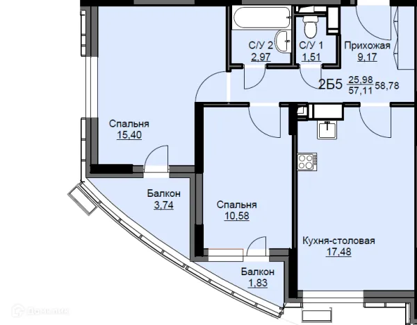 Планировка 2 комн. в ЖК "Соболевка"