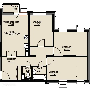 Планировка 3 комн. в ЖК "Соболевка"