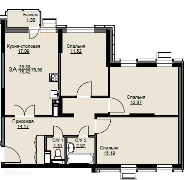 Планировка 3 комн. в ЖК "Соболевка"