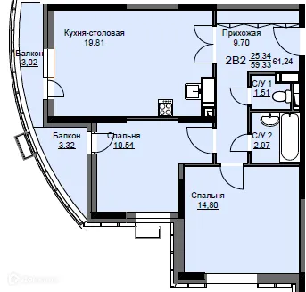 Планировка 2 комн. в ЖК "Соболевка"