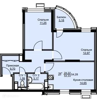 Планировка 2 комн. в ЖК "Соболевка"