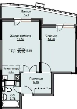 Планировка 1 комн. в ЖК "Соболевка"