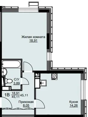 Планировка 1 комн. в ЖК "Соболевка"