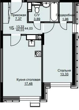 Планировка 1 комн. в ЖК "Соболевка"
