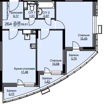 Планировка 2 комн. в ЖК "Соболевка"