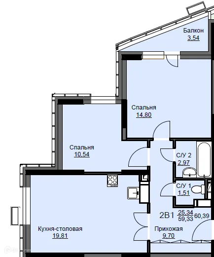 Планировка 2 комн. в ЖК "Соболевка"
