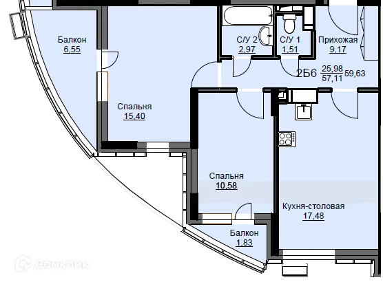 Планировка 2 комн. в ЖК "Соболевка"
