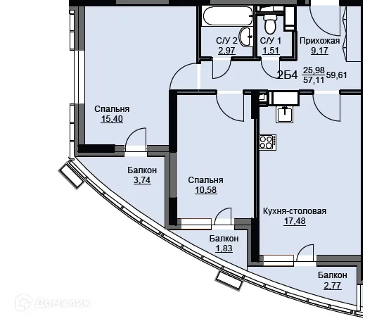 Планировка 2 комн. в ЖК "Соболевка"